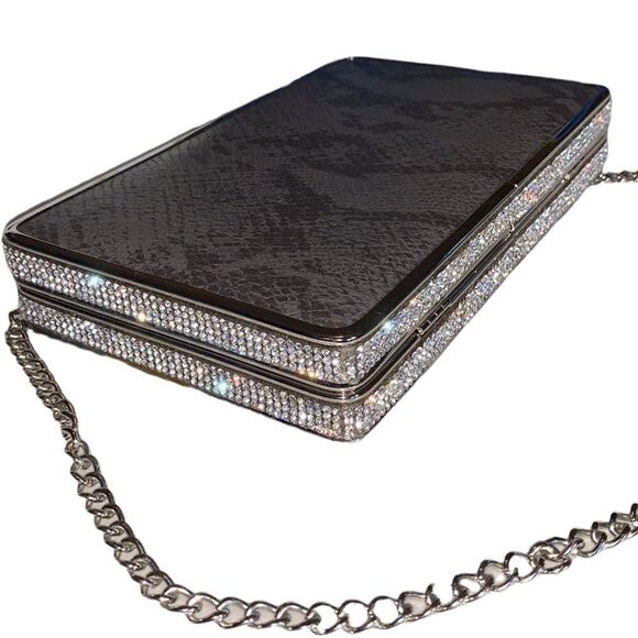 Starlet Silver and Gray Clutch Snake Print with Rhinestones and Crossbody Chain - Picture 6 of 10